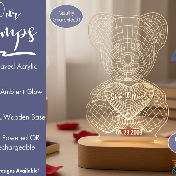 Custom 3D LED Name Light • Personalized Bear Valentine’s Gift for Her - Picture 3 of 8